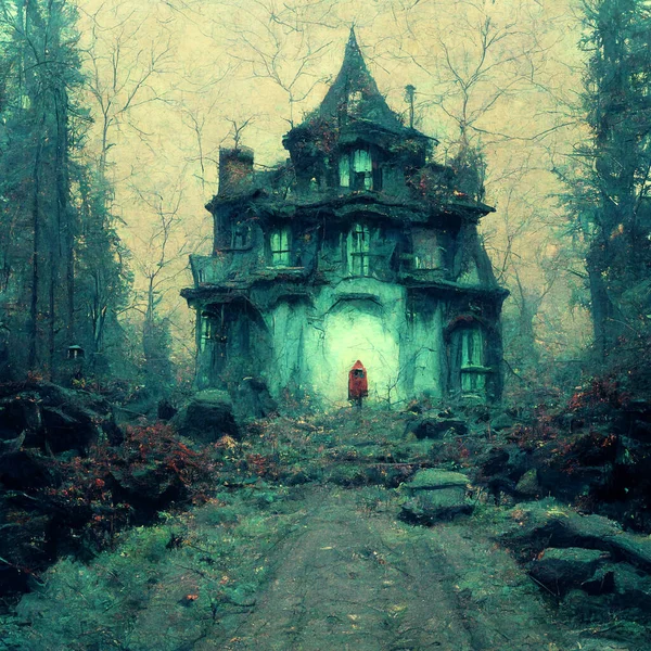 Dark halloween house in the forest. Scary old castle in the woods