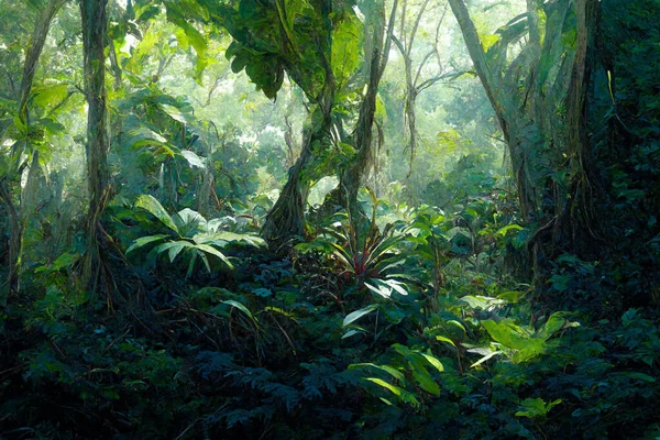 Wonderful mystical landscape of tropical jungles. Digital art painting background, illustration.