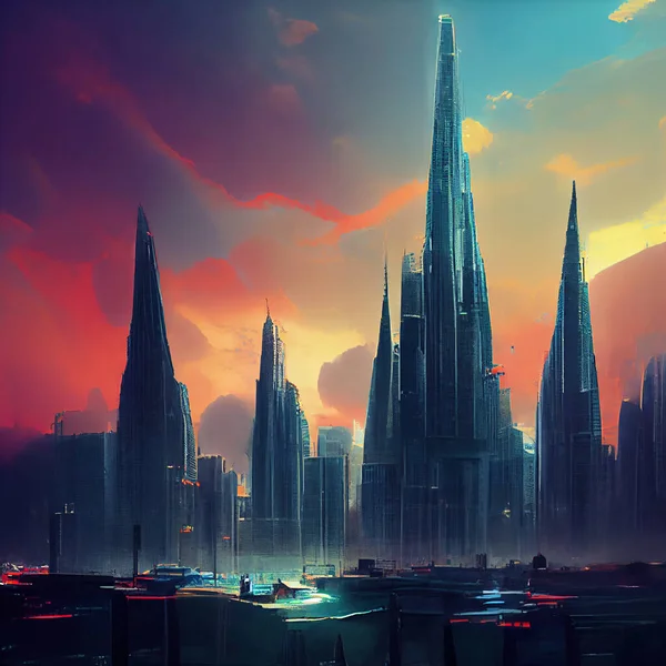Mega cyberpunk style city surrounding with many skyscraper towers, digital art illustration