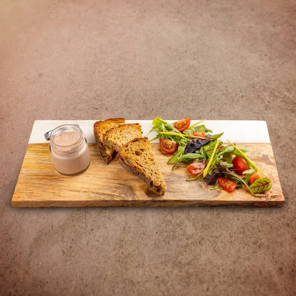 Delicious Duck Liver Pate Glass Jar Served Toasted Bread Lettuce — 스톡 사진