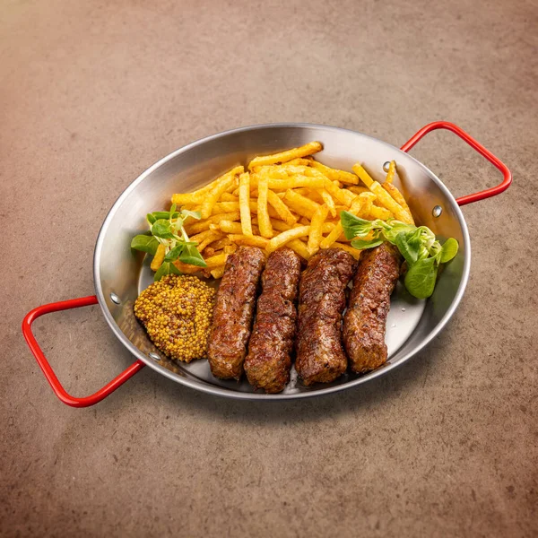 Grilled Romanian Meat Rolls Called Mititei Mici Served Fries Dijon —  Fotos de Stock