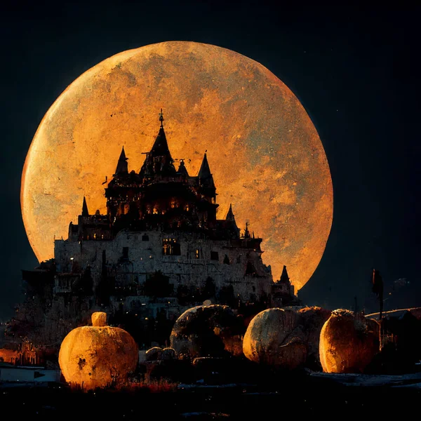 Halloween background with haunted castle and pumpkins, big moon on night sky, for Halloween concept, illustration digital painting.