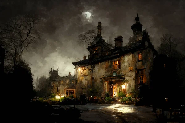 Gothic scenery with old manor and creepy background. 3D illustration. AI generated art