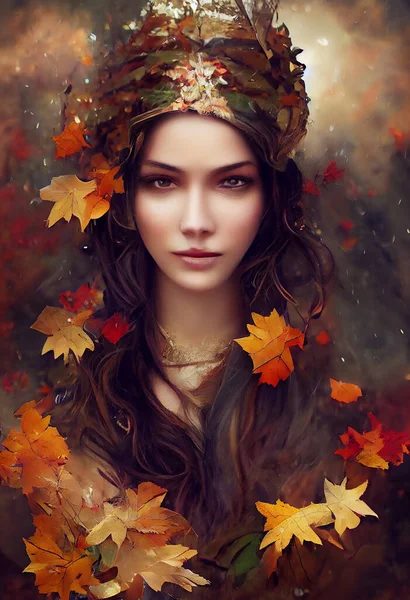 Autumn fairy woman with yellow and red leaves. Fantasy Goddess of Earth