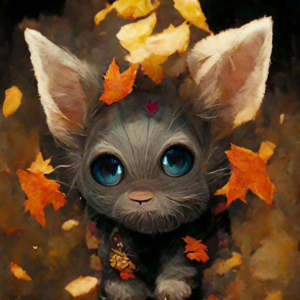 Scared puppy on colorful fallen autumn leaves. AI generated art illustration