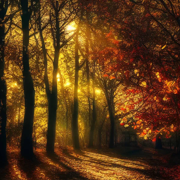 Autumn trees in park alley forest with sunny light. AI generated art background landscape