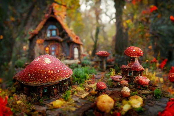 Amazing cute mushroom house in the magical forest. AI generated art design