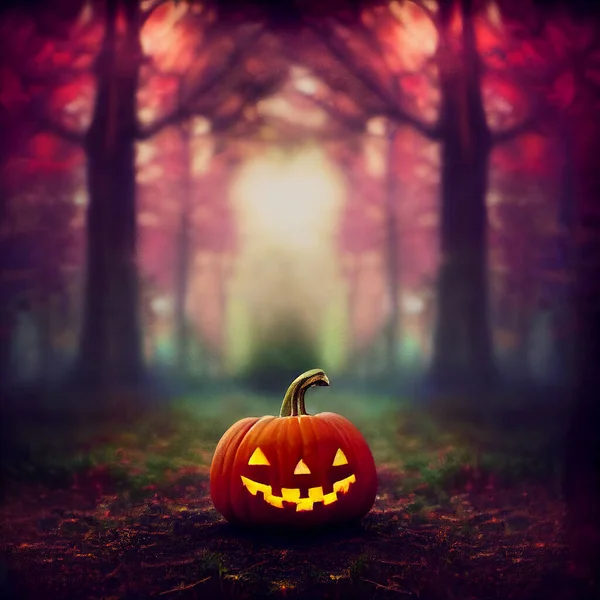 Halloween pumpkin burning in a scary forest at night. AI generated art illustration
