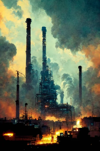 Industrial manufacturing at sunset sky. Pollution with co2 concept. Digital painting, illustration of toxic waste