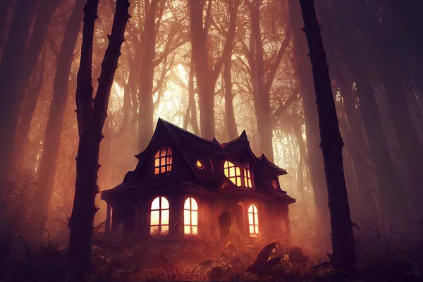 Halloween spooky haunted house in the forest. AI generated art illustration