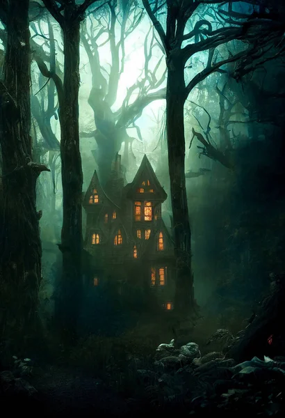 Scary house on moonlight. AI generated art illustration