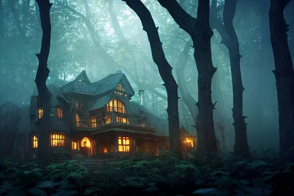 Mysterious house in the deep forest. AI generated art illustration