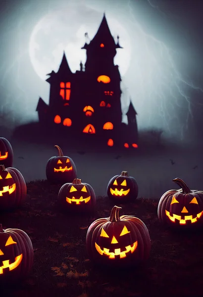 Halloween pumpkins and dark castle. AI generated art illustration. 3d rendering