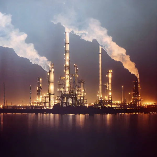 Industrial oil refinery factory landscape illustration background. AI generated art