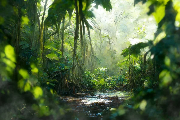 Beautiful fairytale rainforest with a footpath. Digital painting background, illustration.