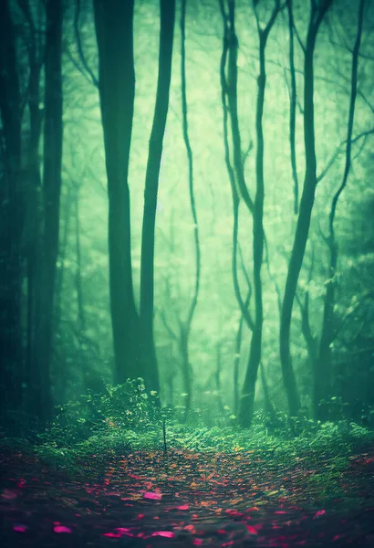 Beautiful forest with path, petals on path. AI generated art illustration