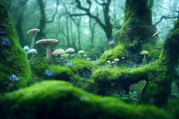 Fantasy mushrooms in the forest. AI generated computer graphics. 3D rendering.