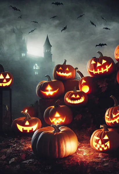 Halloween night background, pumpkins and dark castle. AI generated art illustration. 3d rendering