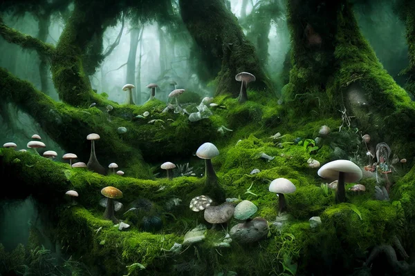 Mysterious magical forest with mushrooms. AI generated computer graphics. 3D rendering.