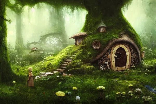 Fairy tree house in fantasy forest. AI generated computer graphics. 3D rendering.