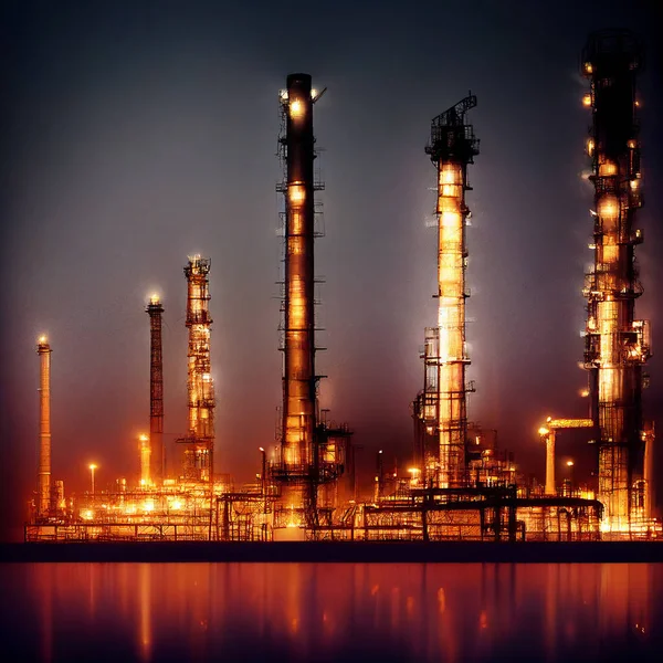 Refinery, industrial night scene. AI generated art illustration