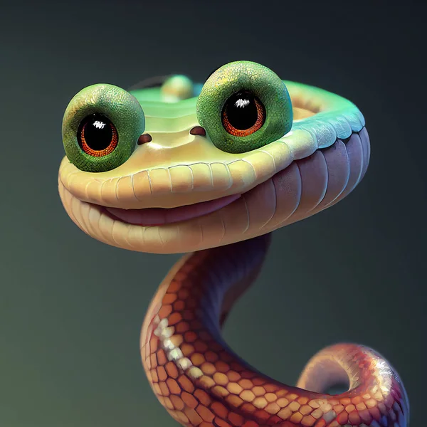 Cartoon snake with big eyes. AI generated computer graphics. 3D rendering.