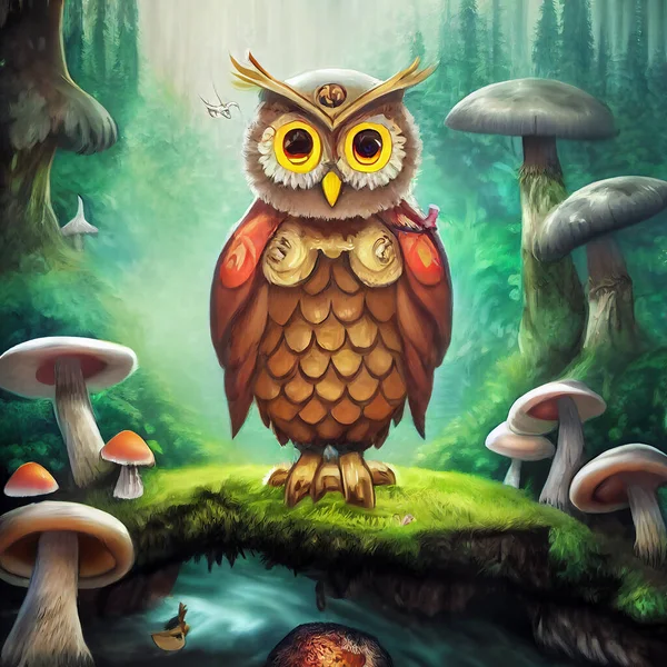 Wild owl in the forest. AI generated computer graphics. 3D rendering.