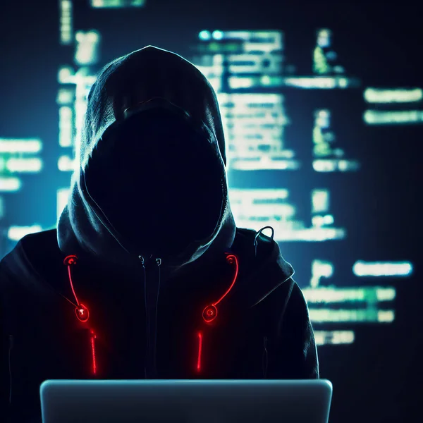 Hacker in black clothes with hidden face looks at laptop screen. AI generated computer graphics. 3D rendering.