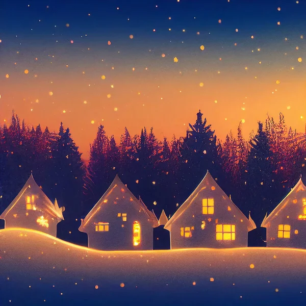 Tree and house digital craft style. Winter night scene. 3D rendering.