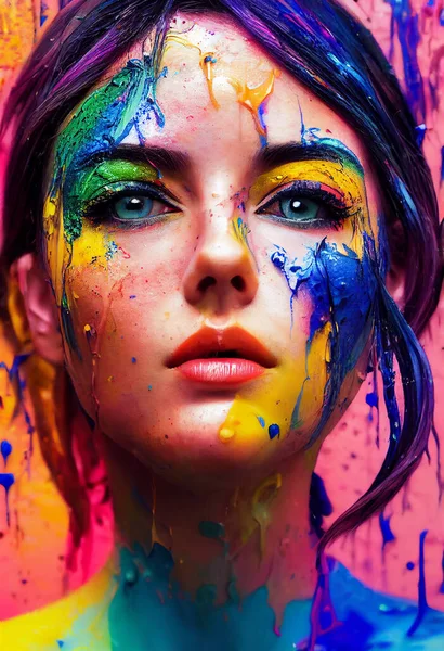 Multicolor creative make-up with flowing liquid paint 3D rendering.