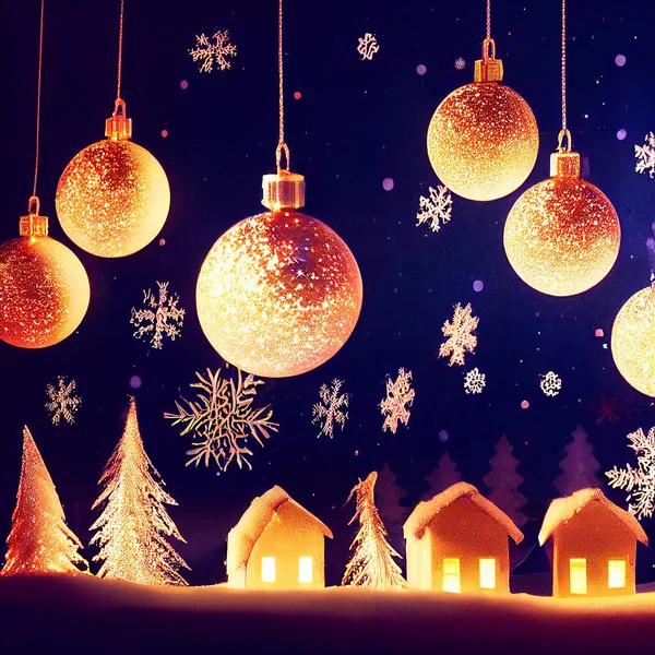 Christmas winter night scenery. Holiday illustration with Christmas baubles