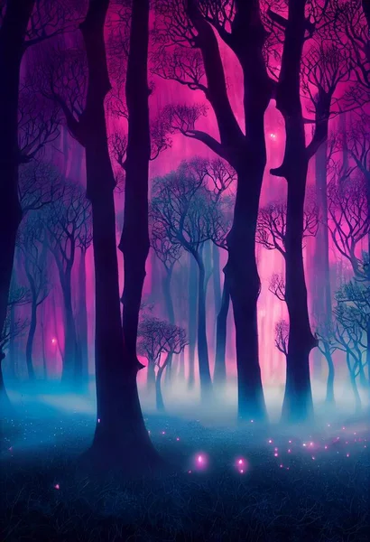 Forest edge under moonlight. Landscape of magical area 3D illustration