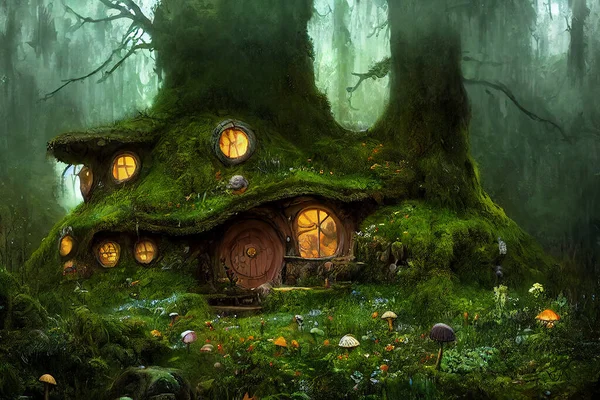 Magical fantasy fairy tale scenery of tree house at night in a forest. AI generated computer graphics. 3D rendering.