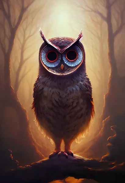 Realistic owl on dark forest, moon light on background . 3D illustration art design