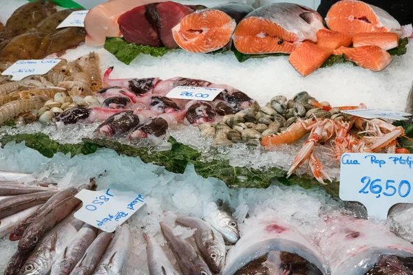 西班牙巴塞罗那市场出售的新鲜海鲜和鱼类 — 图库照片