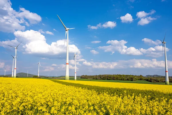 Wind Turbines Blooming Rape Field Seen Germany — Stock Photo, Image
