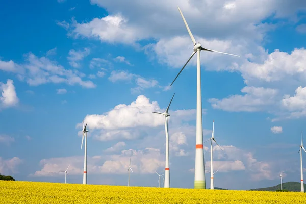 Větrné Turbíny Kvetoucím Řepkovém Poli Německu — Stock fotografie