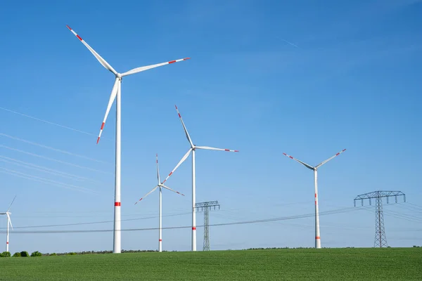 Вітрові Турбіни Лінії Електропередач Які Можна Побачити Німеччині — стокове фото