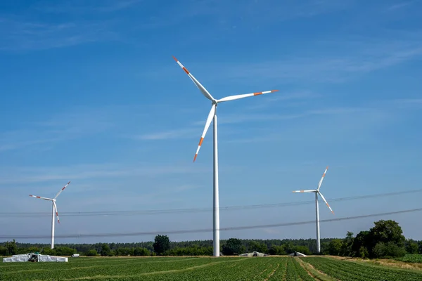 Wind Turbines Power Lines Sunny Day Germany — Stock Photo, Image