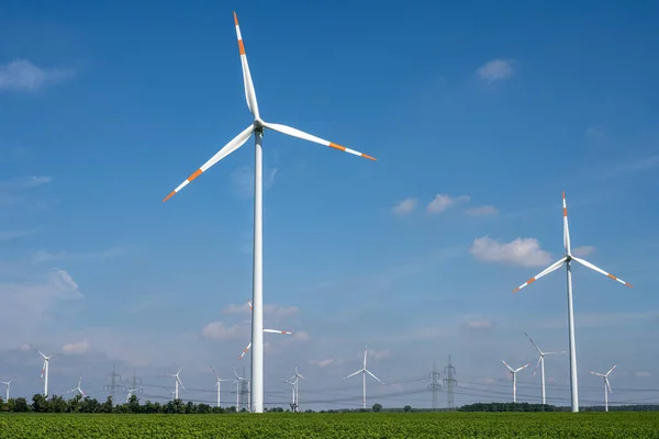 Wind Turbines Power Lines Back Seen Germany — Fotografia de Stock
