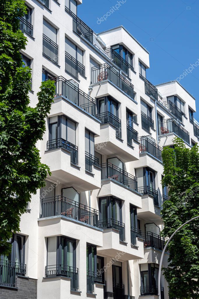 Modern white apartment house seen in Berlin, Germany