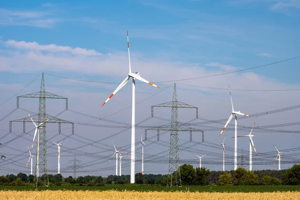 Various Power Lines Wind Turbines Seen Germany — Stok fotoğraf