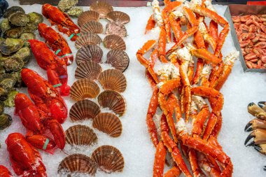 Lobsters, crabs and seafood for sale at the fishmarket in Bergen, Norway