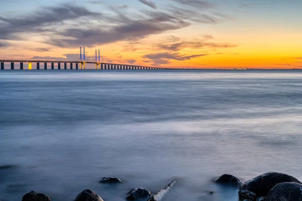 Oresund Denmark Sweden Famous Brigde Sunset — Zdjęcie stockowe