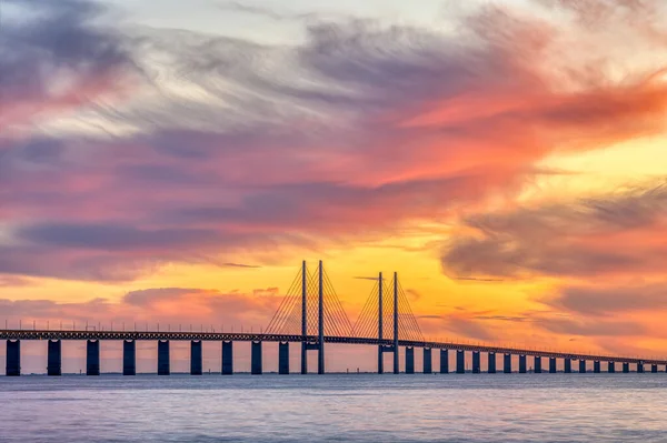 Oresund Bridge Denmark Sweden Spectacular Sunset — Stockfoto