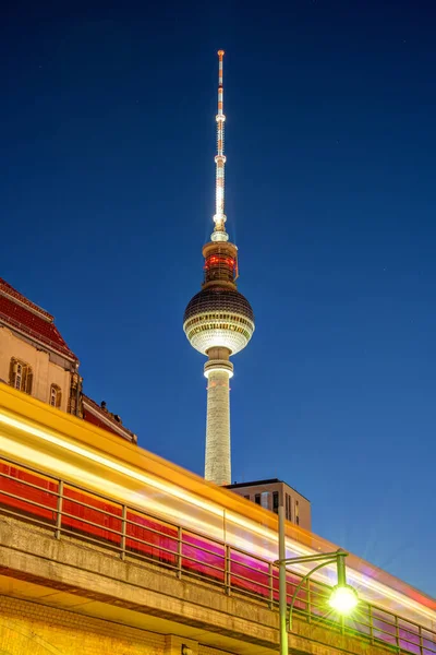 Famous Television Tower Berlin Night Motion Blurred Commuter Train —  Fotos de Stock