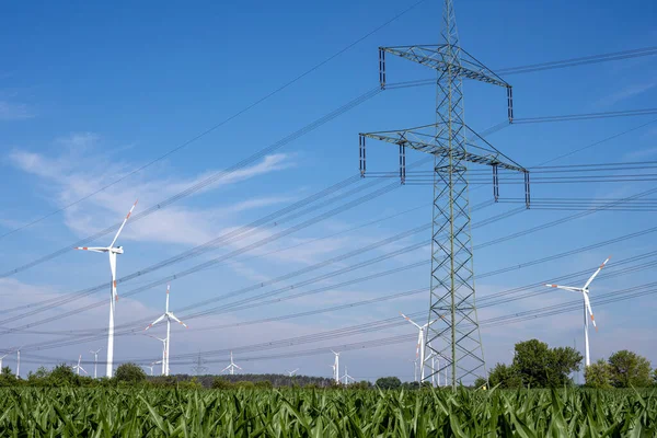 Пілони Електроенергії Лінії Електропередач Вітрові Турбіни Які Можна Побачити Німеччині — стокове фото