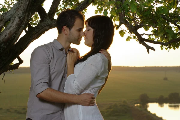 Casal beijando debaixo da árvore — Fotografia de Stock