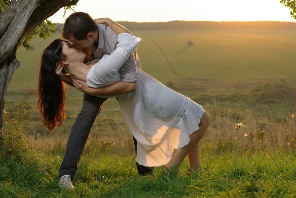 在日落时分在树下接吻的情侣 — 图库照片