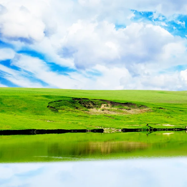 Pequeno lago e prados verdes — Fotografia de Stock
